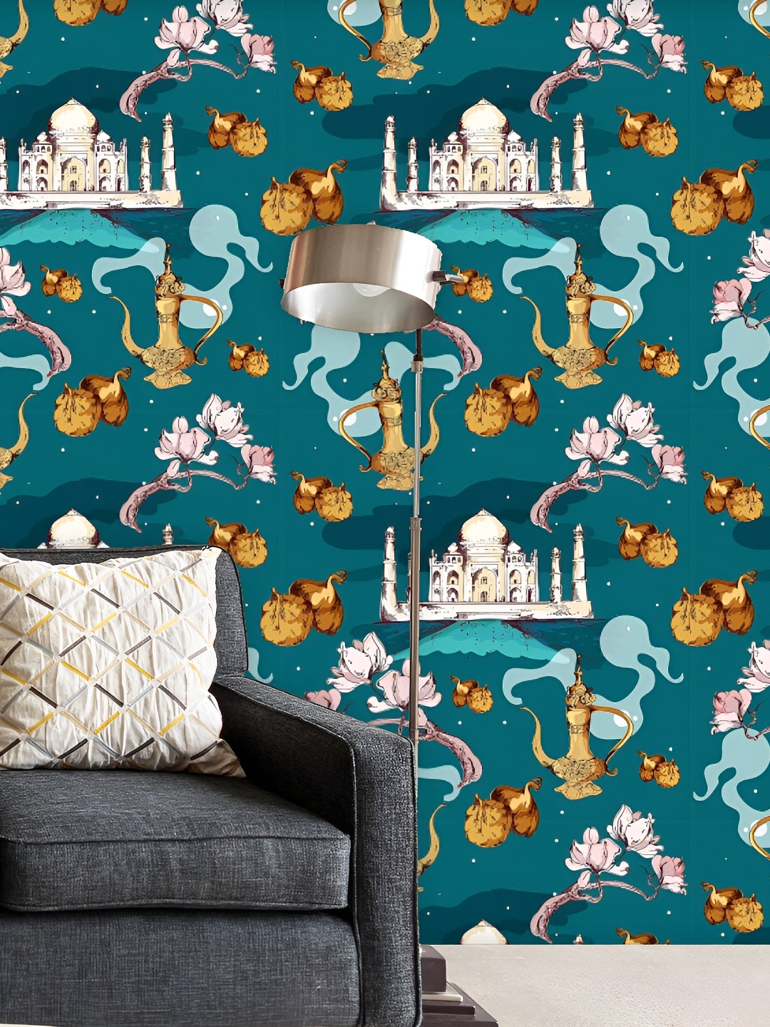 

ArtzFolio Teal-Blue & White Taj Mahal-Printed Peel & Stick Laminated Wallpaper