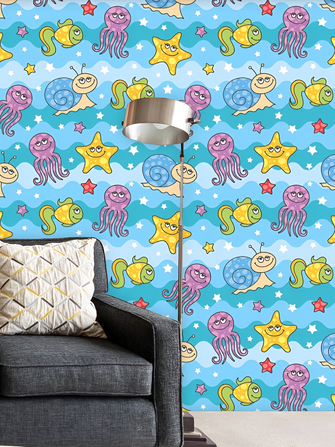 

ArtzFolio Blue & Yellow Cartoon Sea Creatures Printed Self Adhesive Waterproof Wallpaper