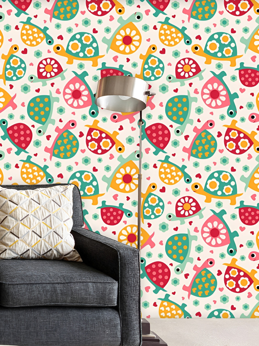 

ArtzFolio White & Green Turtle-Printed Self-Adhesive Peel & Stick Laminated Wallpaper