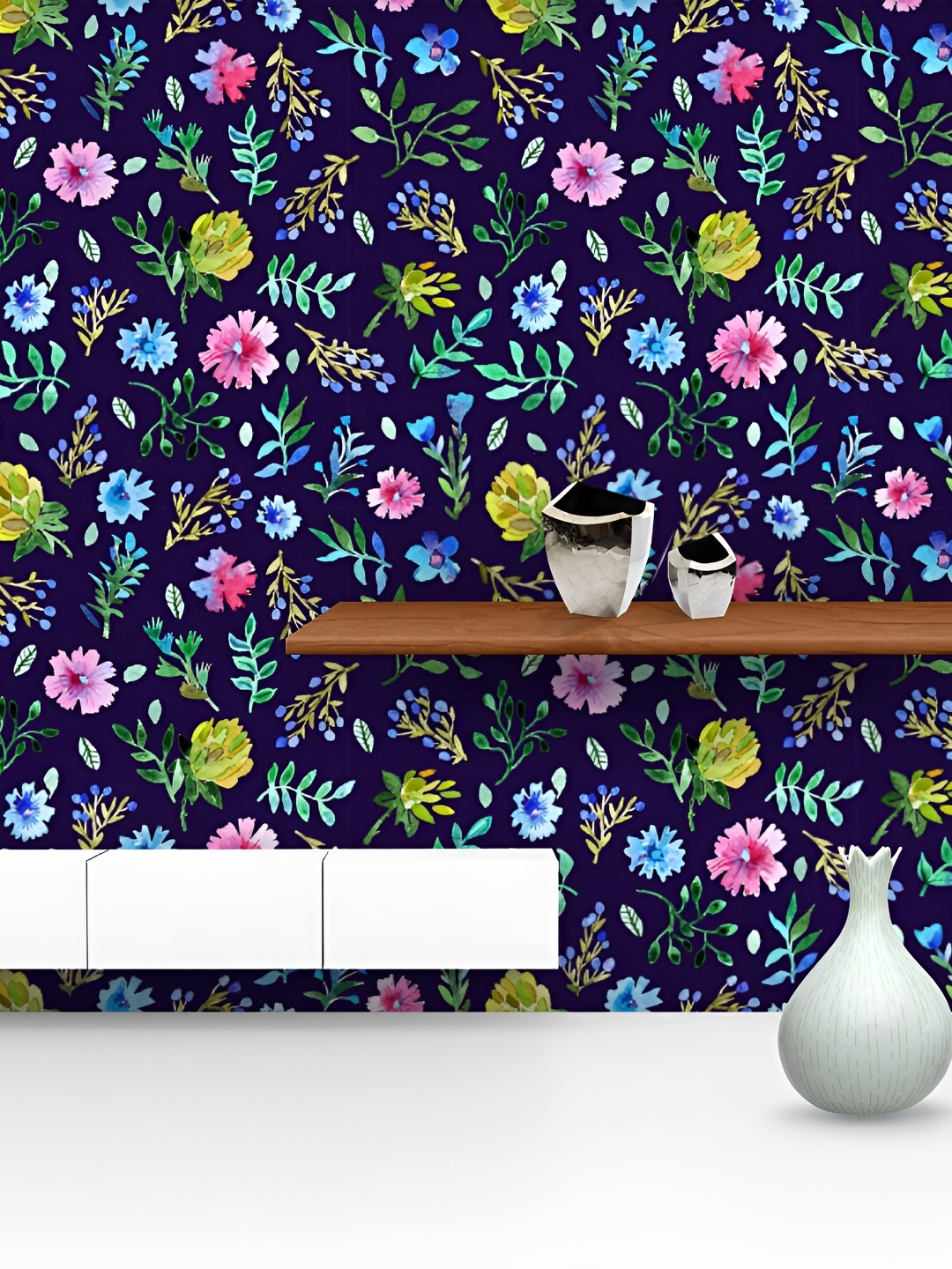 

ArtzFolio Navy Blue & Pink Floral Printed Self-Adhesive Peel & Stick Wallpaper