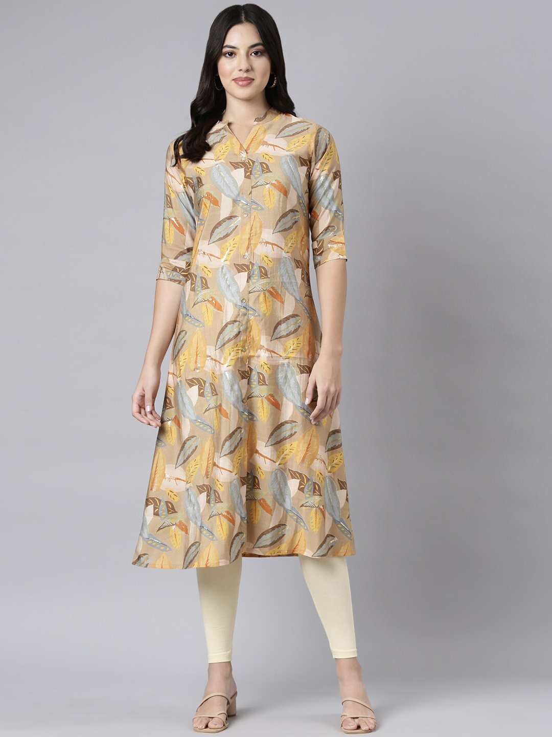 

Neerus Women Printed Sequinned Kurta, Beige