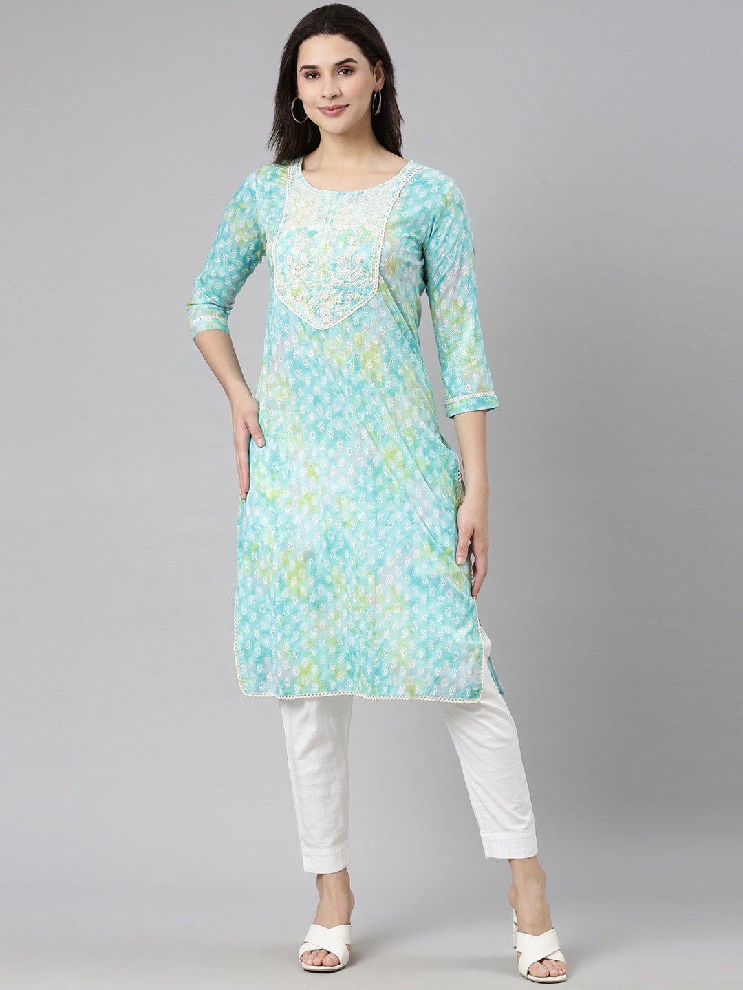 

Neerus Women Embroidered Keyhole Neck Flared Sleeves Chikankari Kurta, Turquoise blue