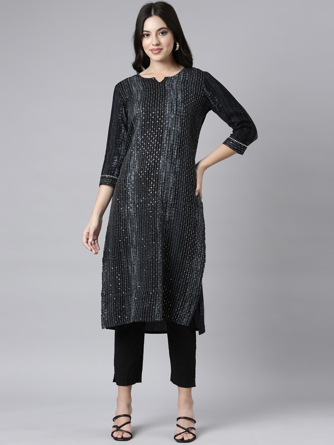 

Neerus Tie & Dye Printed Notch Neck Sequinned Straight Kurta, Grey