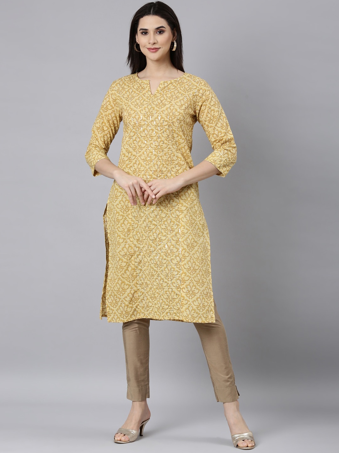 

Neerus Ethnic Motifs Printed Notch Neck Cotton Sequinned Straight Kurta, Yellow