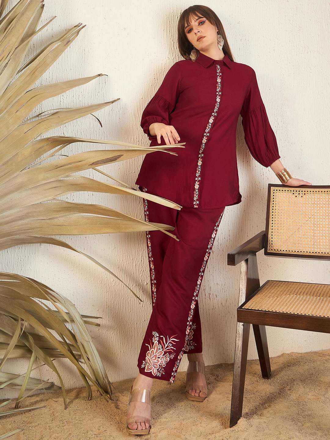 

Indo Era Red Floral Printed Shirt Collar Above Knee Straight Kurta With Trouser