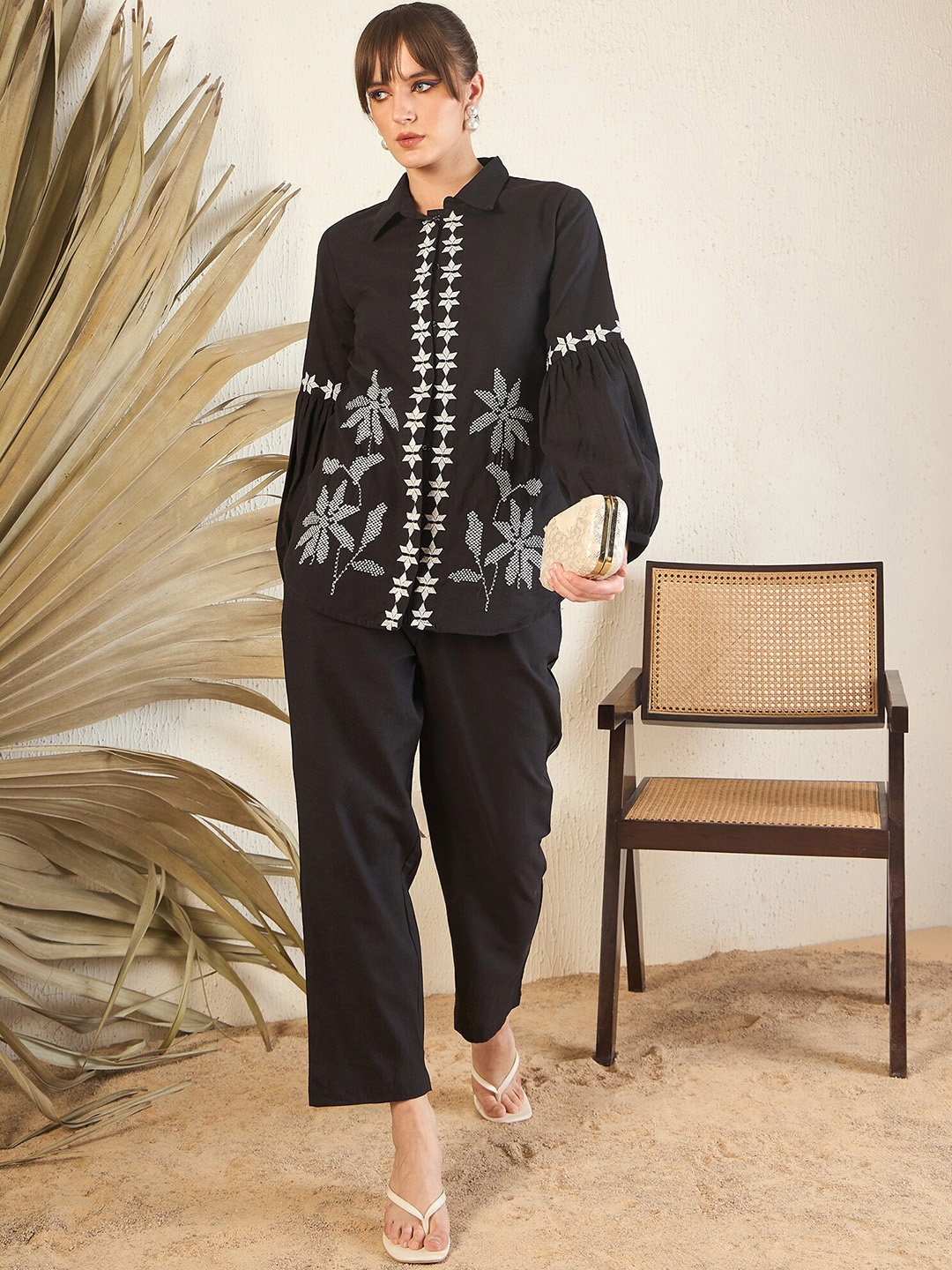 

Indo Era Black Floral Embroidered Straight A-Line Kurta With Trouser, White
