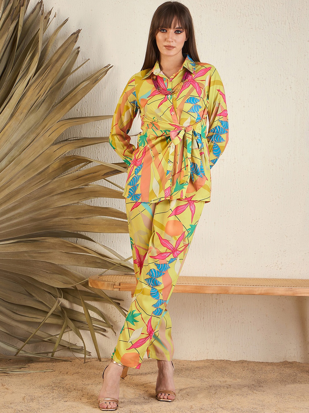 

Indo Era Floral Printed Shirt Collar Tie-Up Neck Co-Ords Set, Yellow