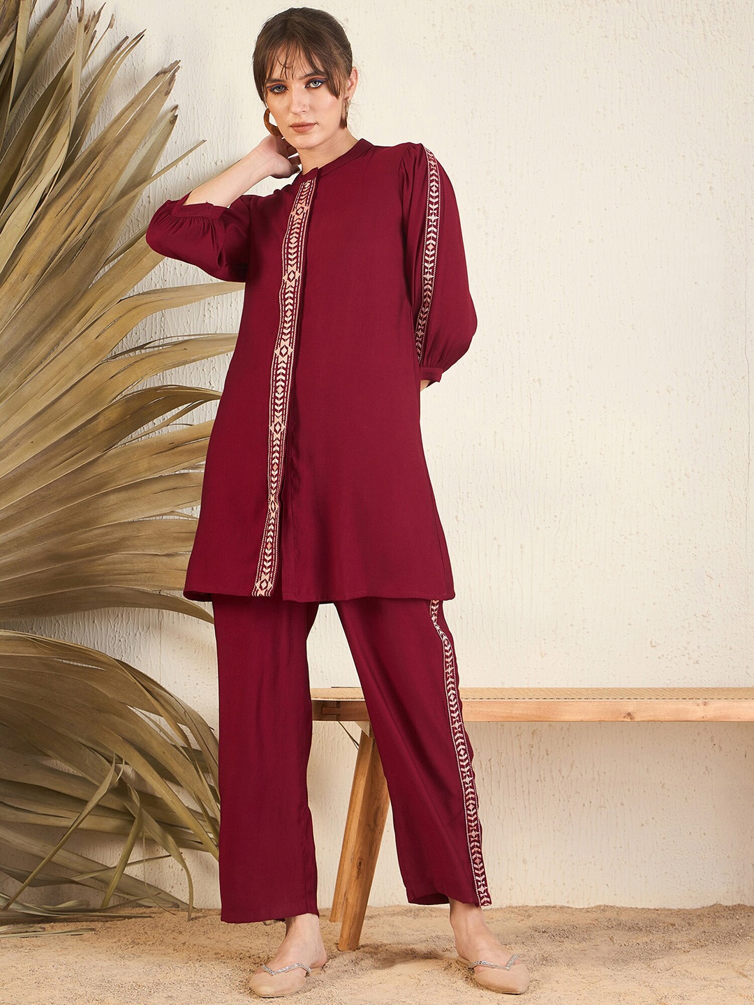 

Indo Era Embroidered Mandarin Collar Tunic With Trousers, Red