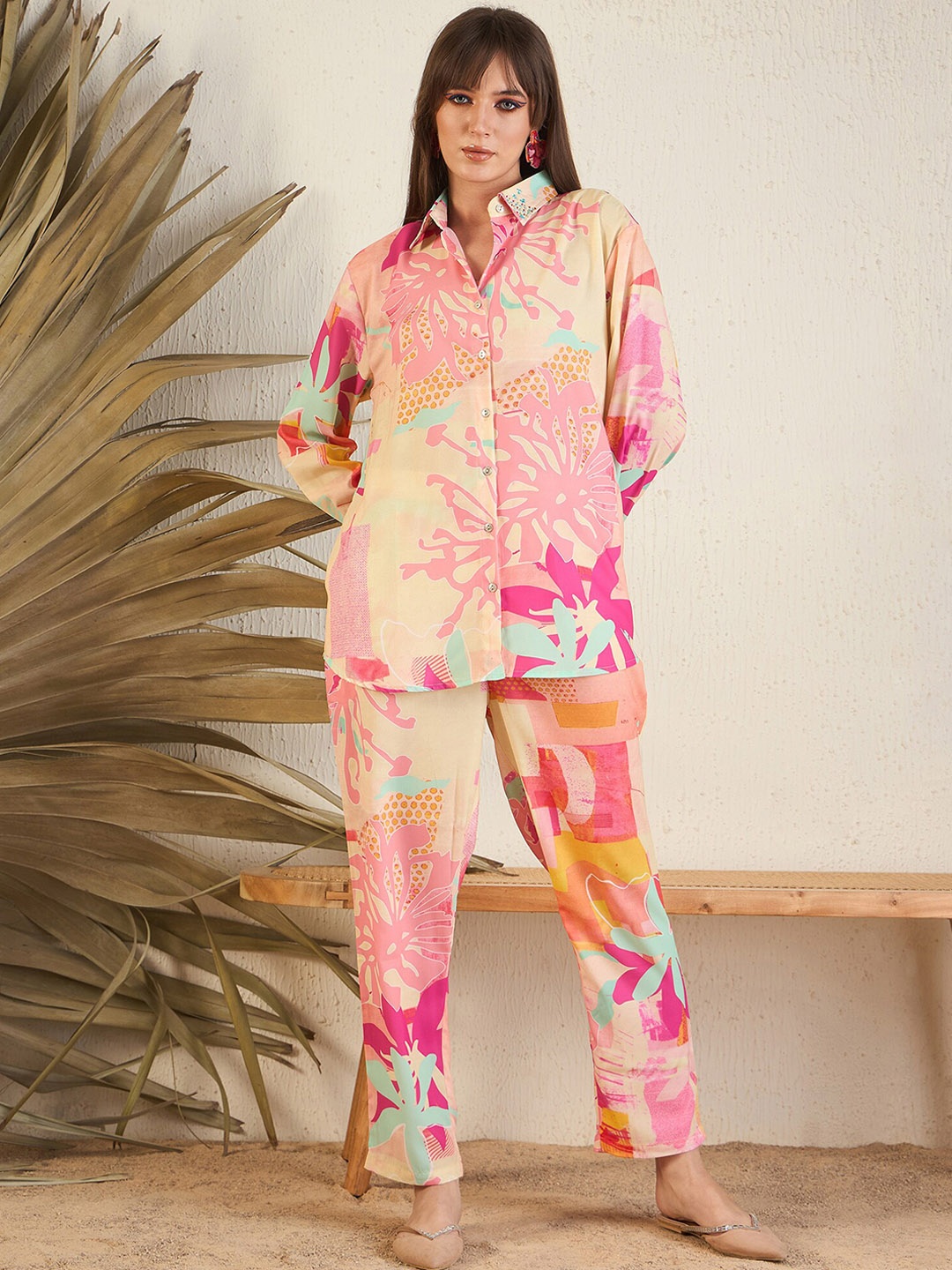 

Indo Era Abstract Printed Shirt Collar Shirt With Trousers, Pink