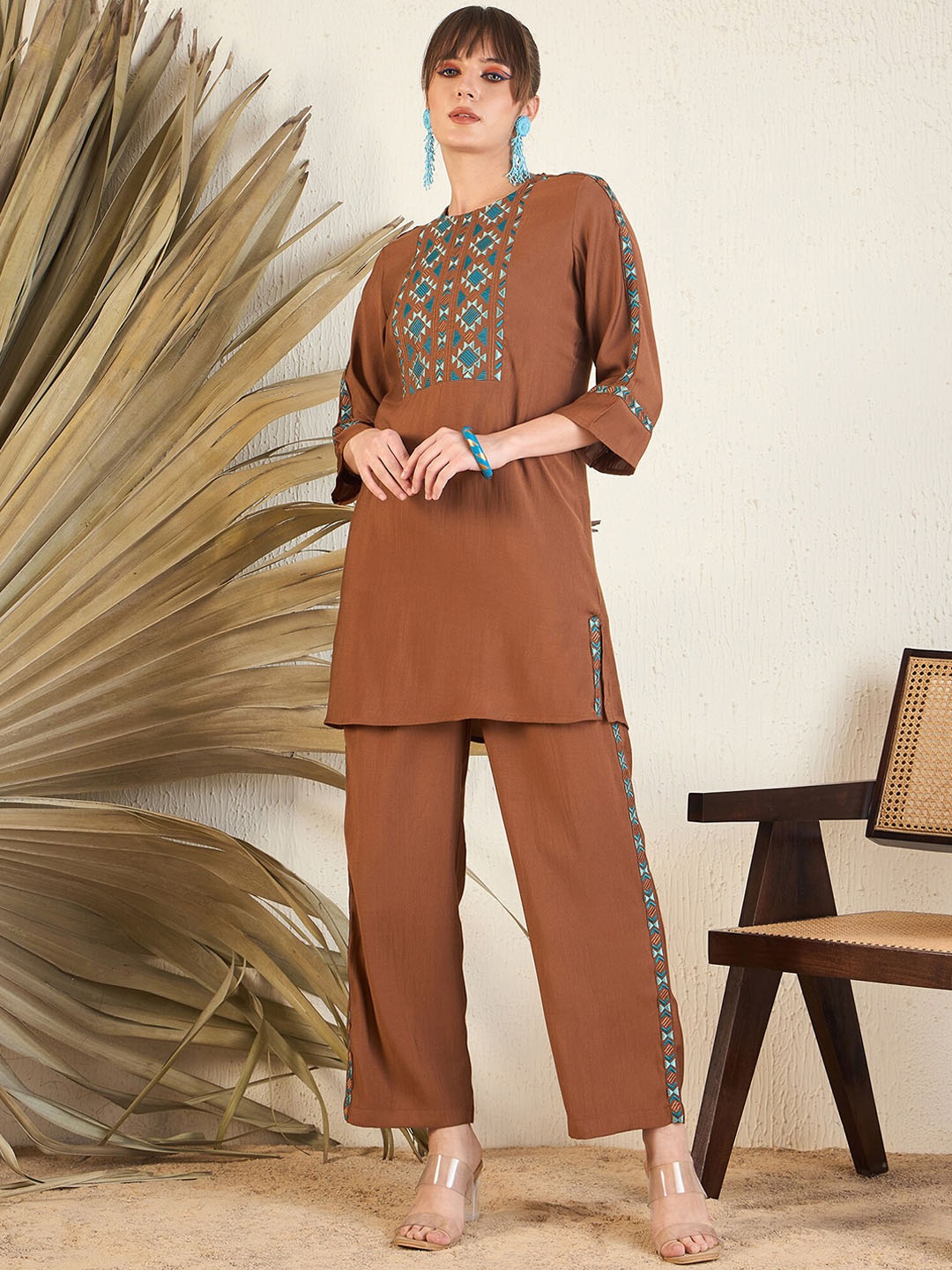 

Indo Era Embroidered Round Neck Top With Trousers, Brown