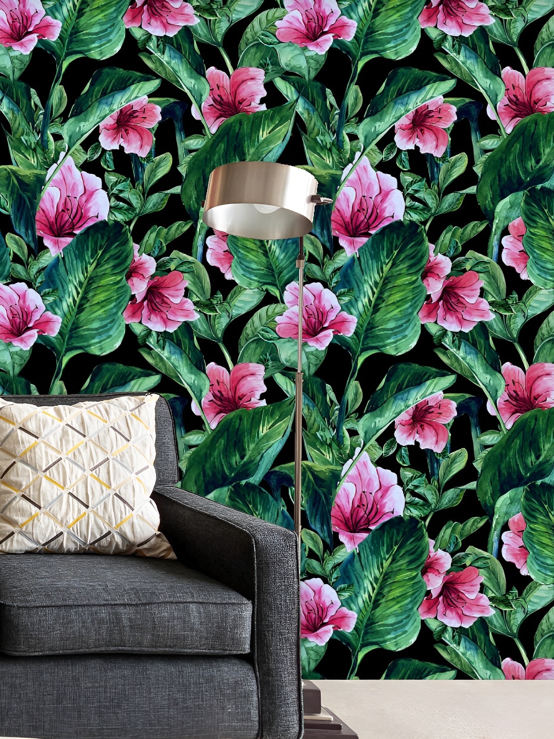 

ArtzFolio Back & Green Floral Printed Self-Adhesive Peel & Stick Wallpaper, Black