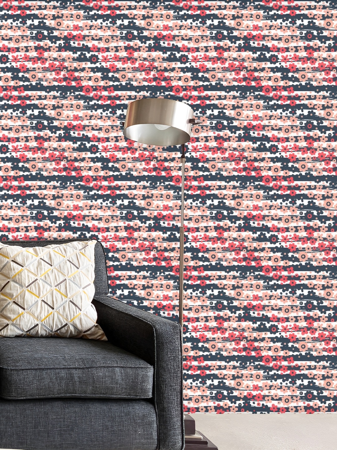 

ArtzFolio Navy Blue & Red Flowers On Stripes Peel & Stick Wallpaper