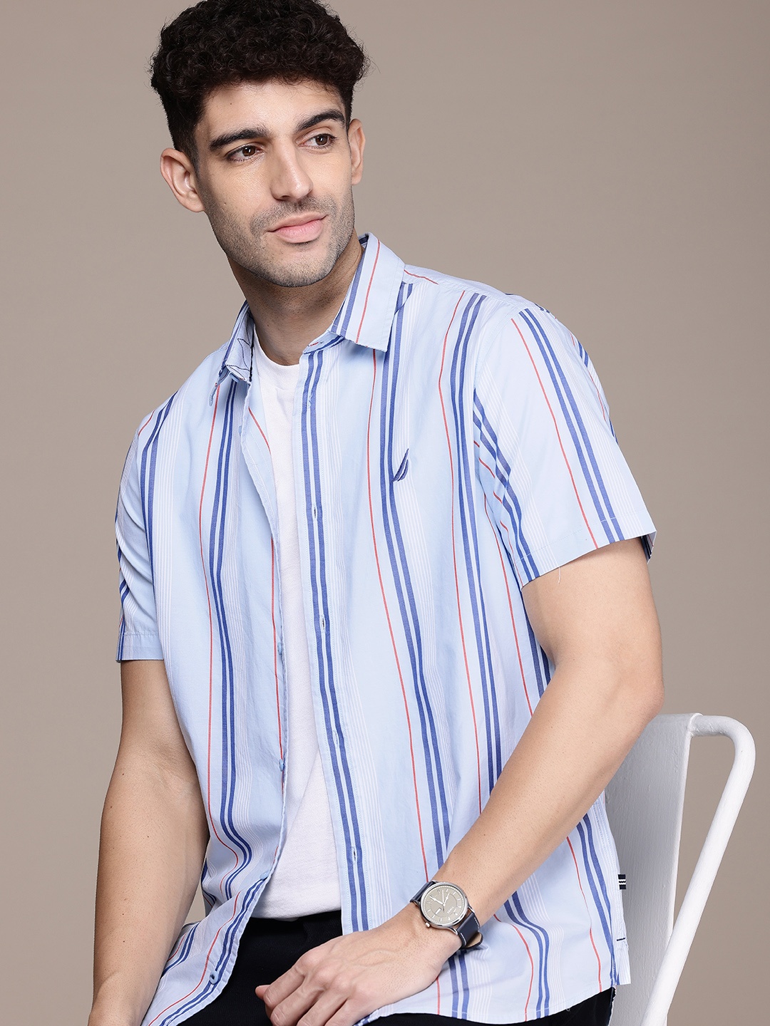 

Nautica Classic Striped Pure Cotton Casual Shirt, Blue