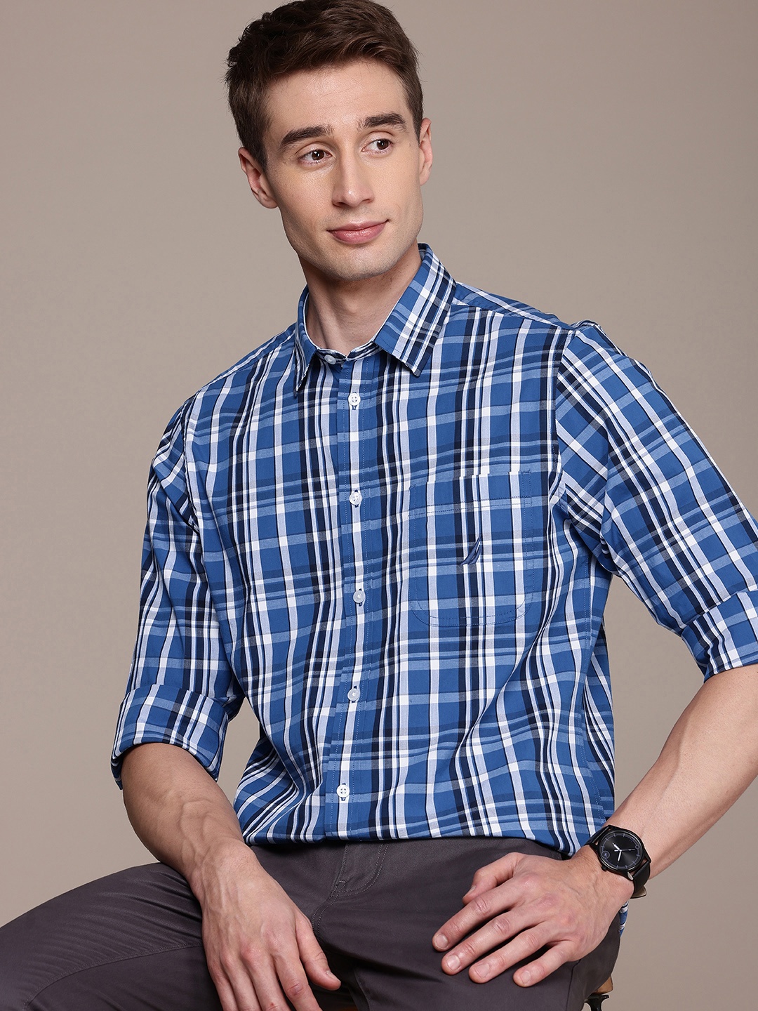 

Nautica Slim Fit Checked Casual Shirt, Blue
