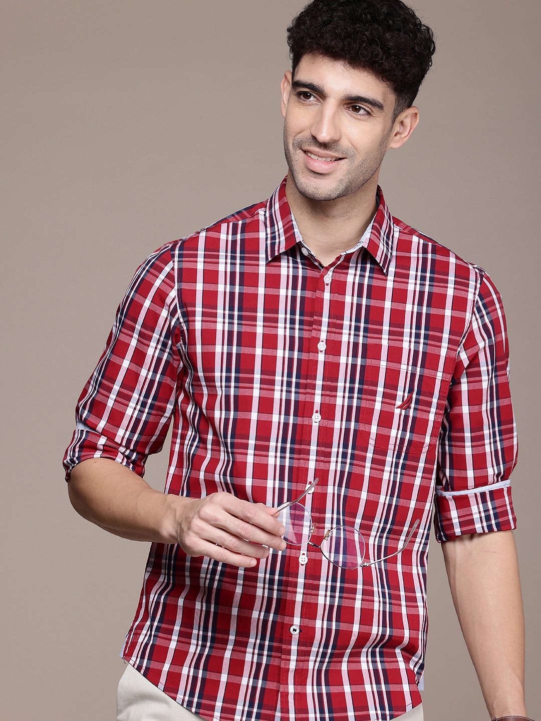 

Nautica Slim Fit Checked Cutaway Collar Casual Shirt, Red