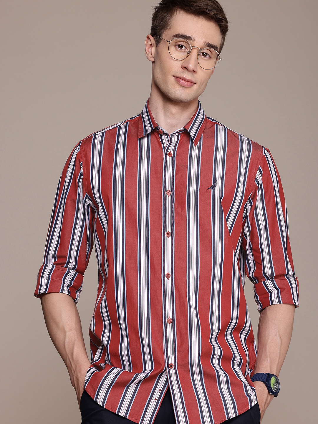 

Nautica Pure Cotton Classic Opaque Striped Casual Shirt, Red