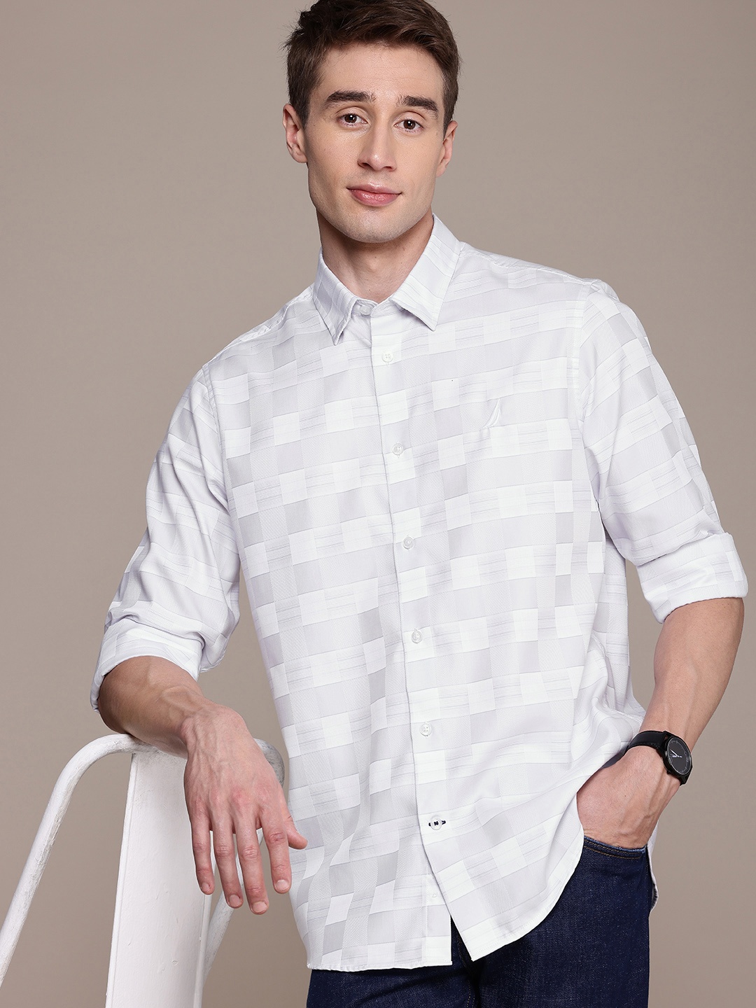 

Nautica Pure Cotton Classic Fit Checked Casual Shirt, White