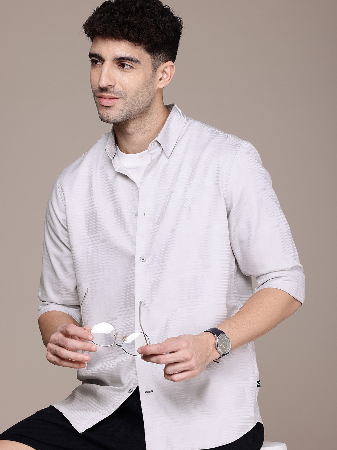 

Nautica Classic Self Striped Cutaway Collar Pure Cotton Casual Shirt, Grey