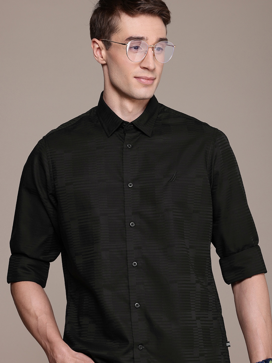 

Nautica Classic Self Striped Pure Cotton Casual Shirt, Black