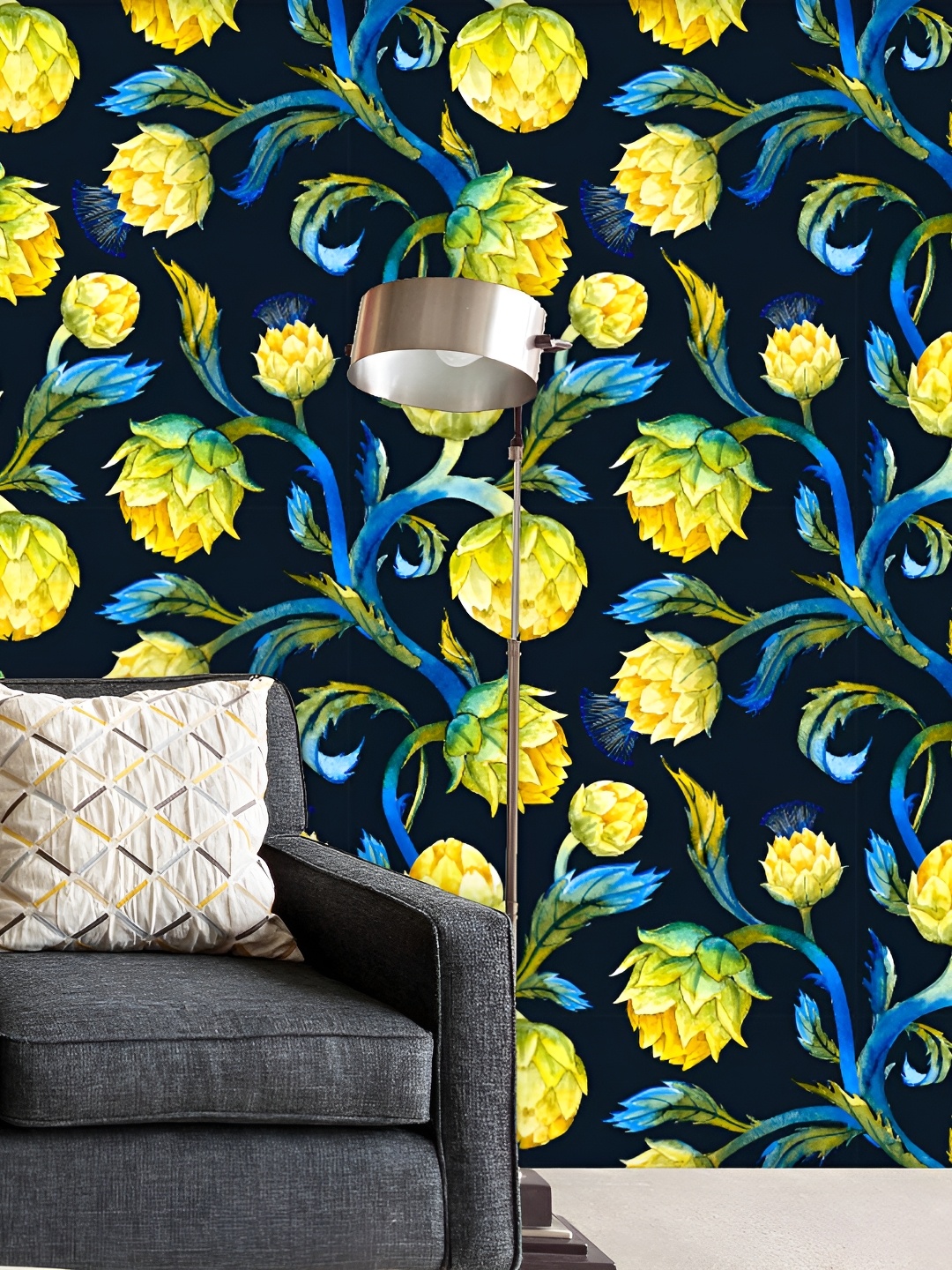 

ArtzFolio Navy Blue & Yellow Floral Printed Peel & Stick Non-PVC Self-Adhesive Wallpaper