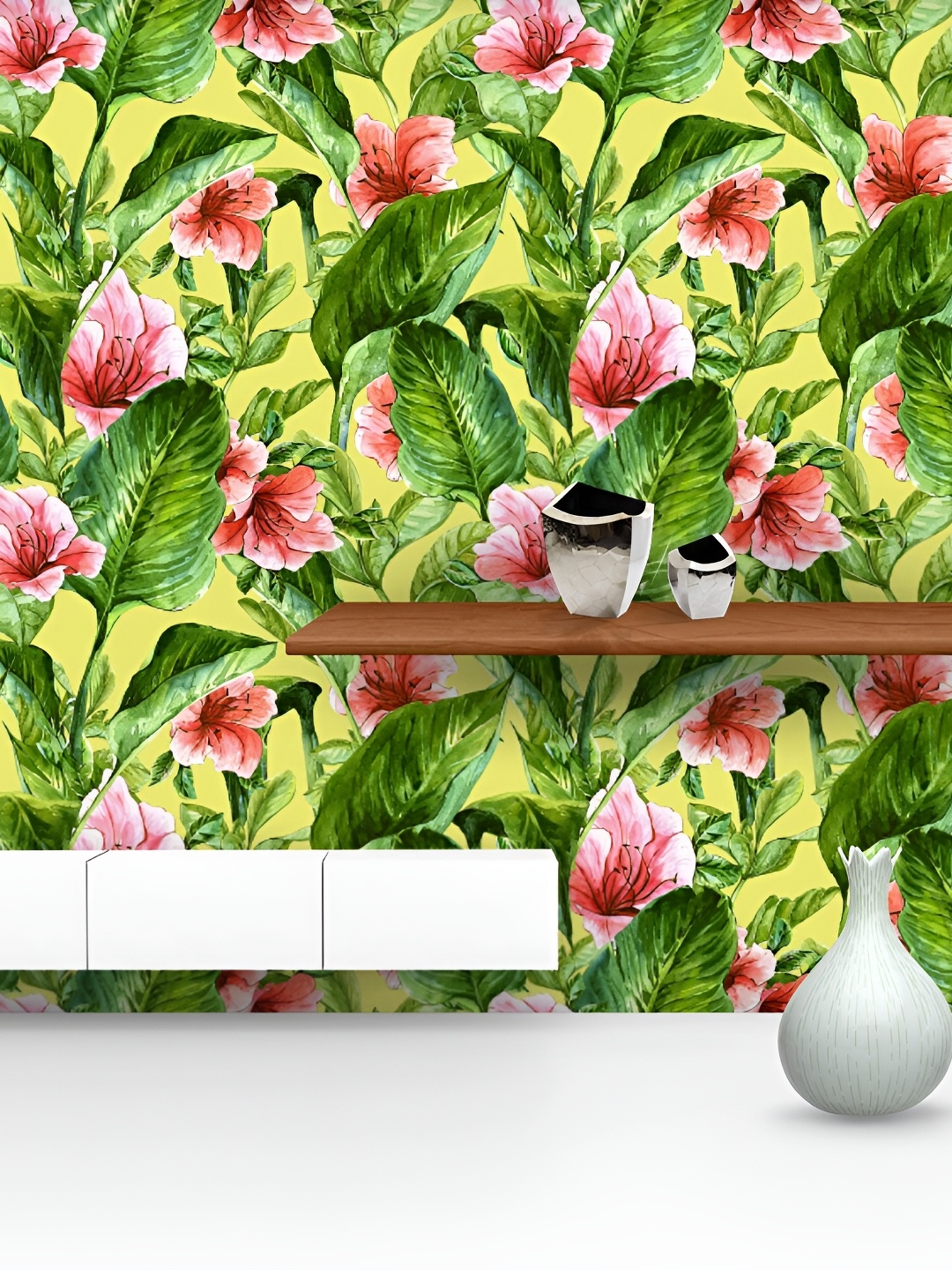 

ArtzFolio Green & Pink Floral Printed Water Resistant Peel & Stick Wallpaper