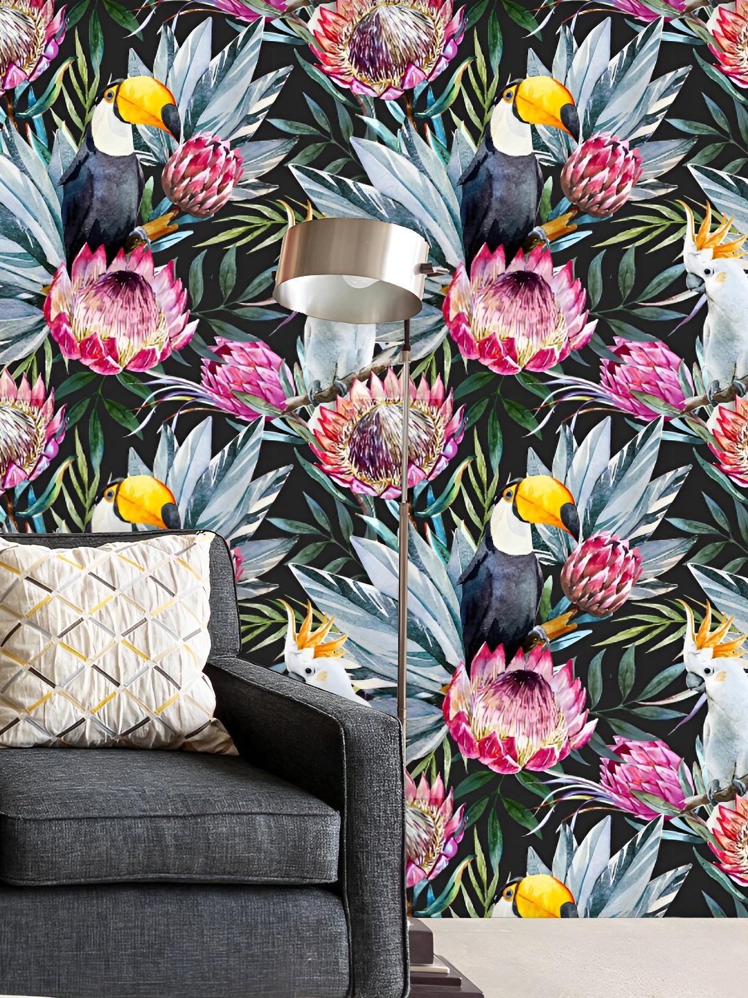 

ArtzFolio Protea Florals Cockatoo & Hornbill Birds Print Self-Adhesive Wall Sticker, Multi