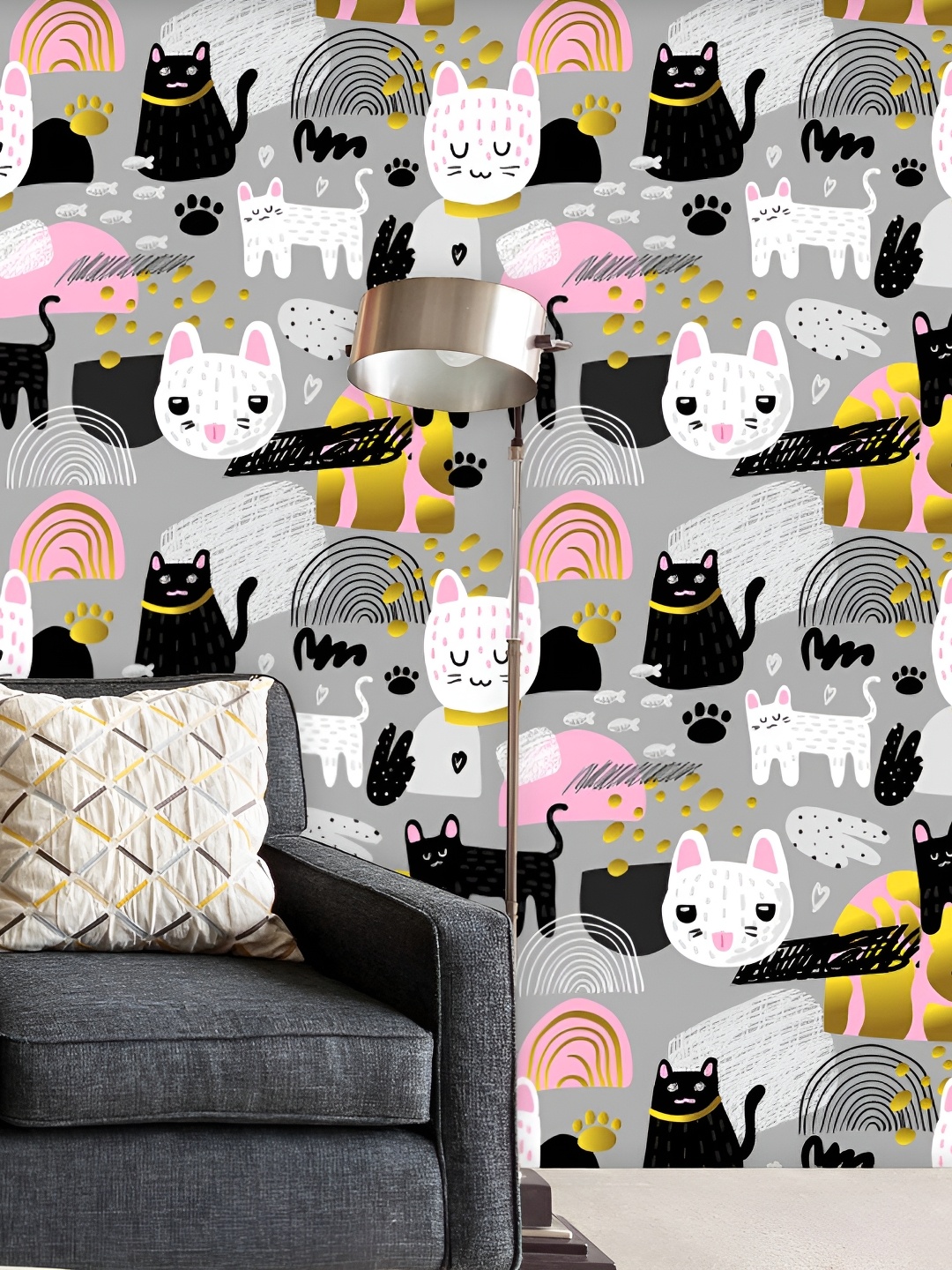 

ArtzFolio Pink & Grey Cats Printed Self Adhesive Waterproof Wallpaper Sticker