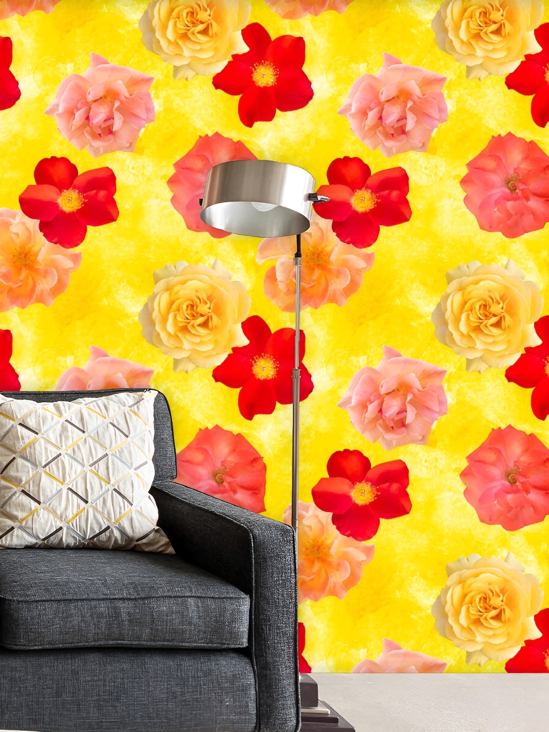 

ArtzFolio Yellow & Red Floral-Printed Self-Adhesive Peel & Stick Laminated Wallpaper