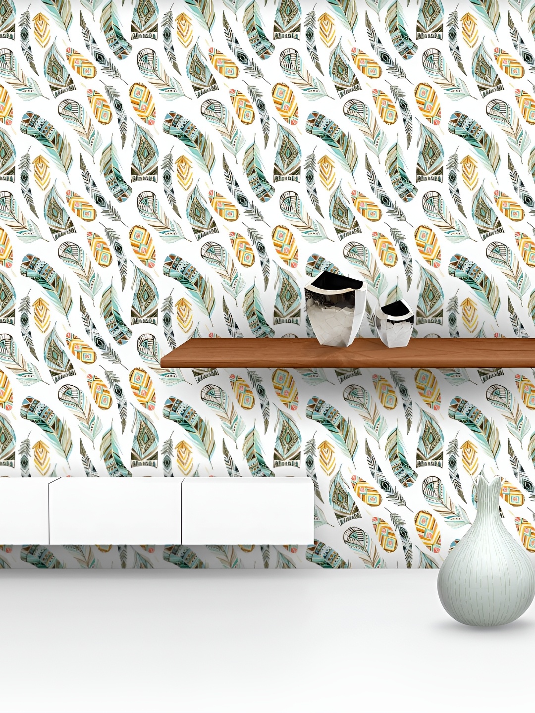

ArtzFolio White & Blue Feathers-Printed Self-Adhesive Peel & Stick Laminated Wallpaper