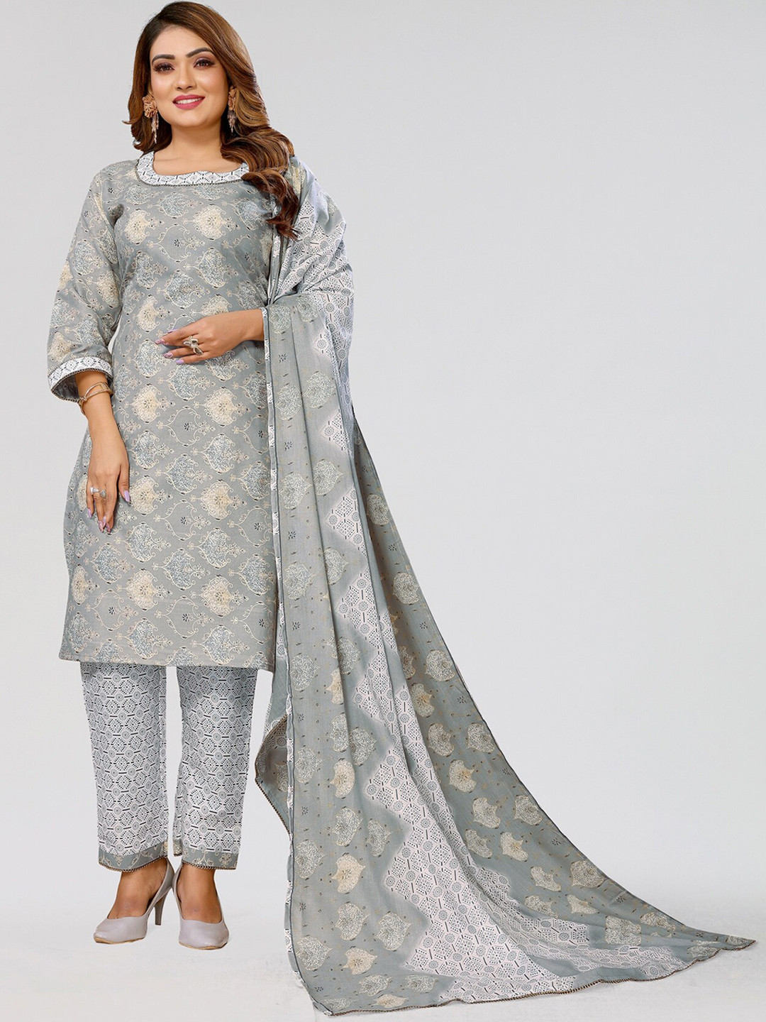 

PYARI - A style for every story Geometric Printed Foil Work Kurta With Trousers & Dupatta, Grey