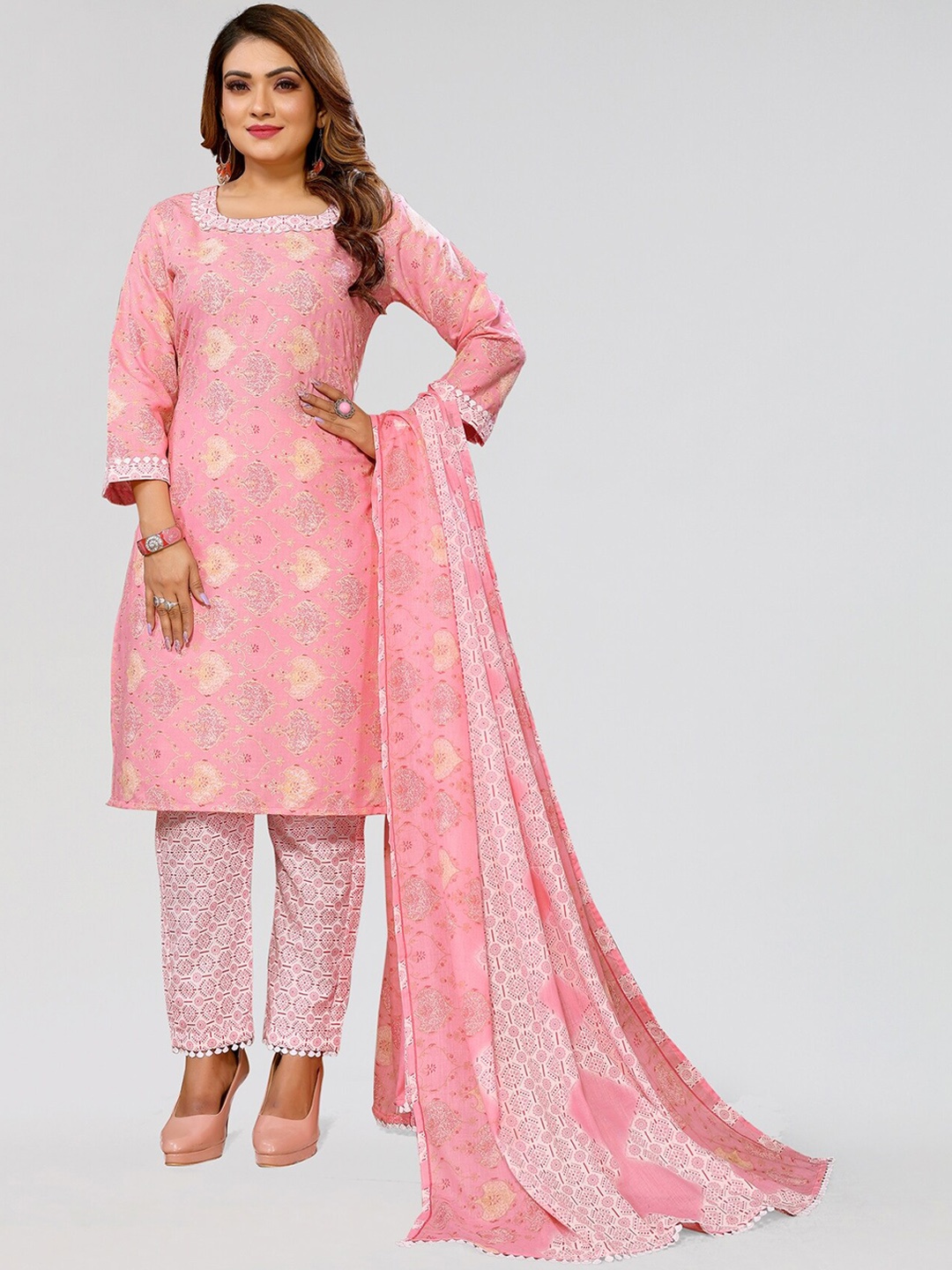 

PYARI - A style for every story Geometric Printed Foil Work Kurta With Trousers & Dupatta, Pink