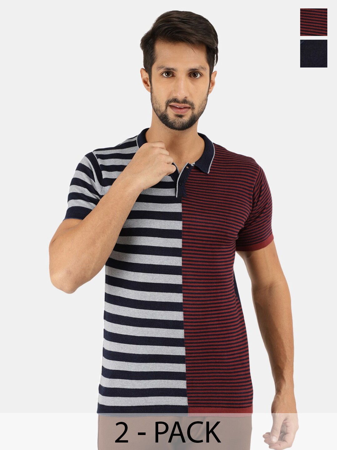 

V-Mart Men 2 Striped Polo Collar Pockets Slim Fit T-shirt, Blue