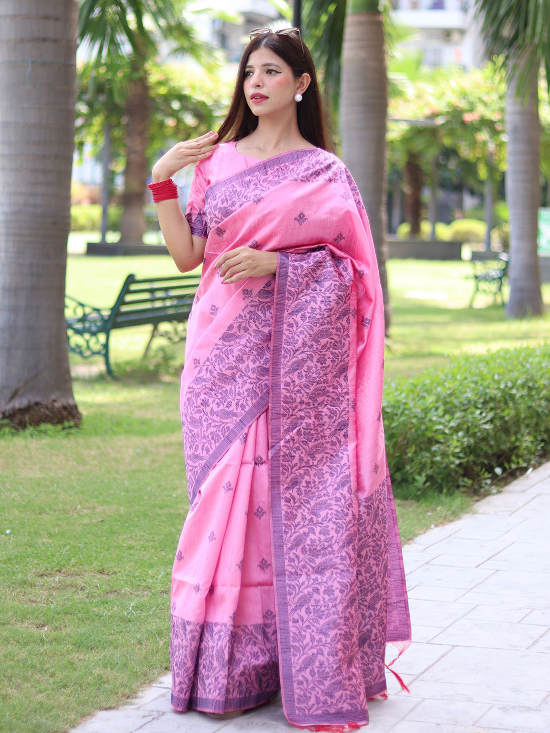 

LeeliPeeri Designer Ethnic Motifs Woven Design Zari Bhagalpuri Saree, Pink