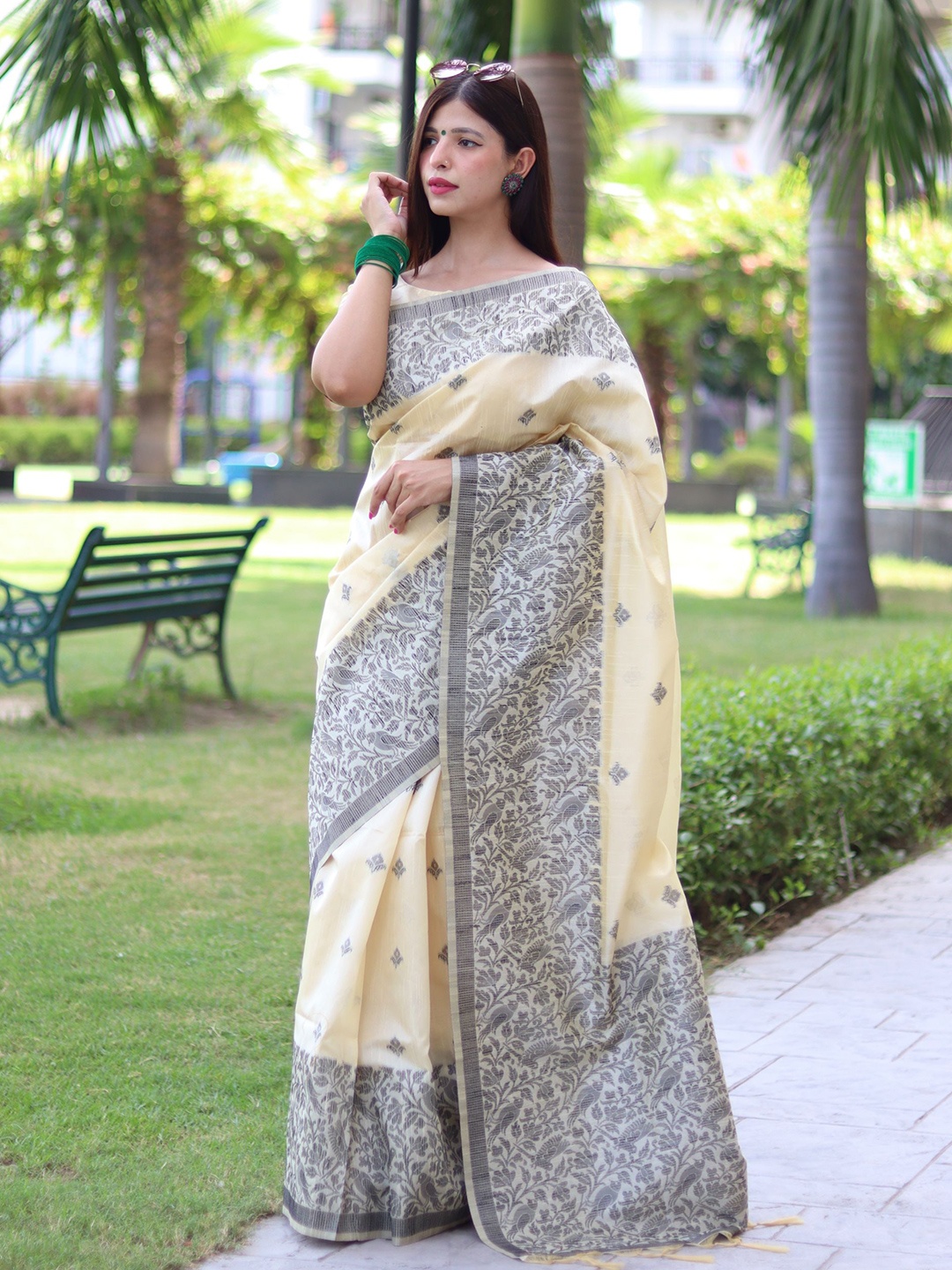 

LeeliPeeri Designer Ethnic Motifs Woven Design Bhagalpuri Saree With Running Blouse, Cream