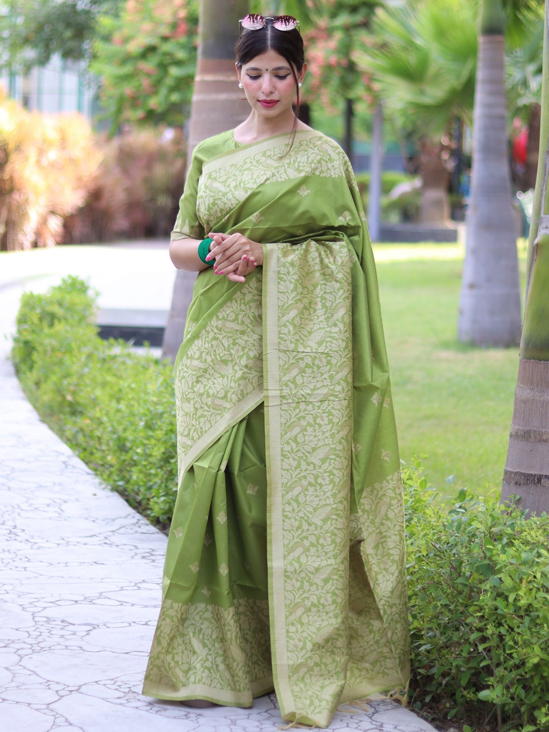 

LeeliPeeri Designer Ethnic Motifs Woven Design Zari Bhagalpuri Saree With Running Blouse, Sea green