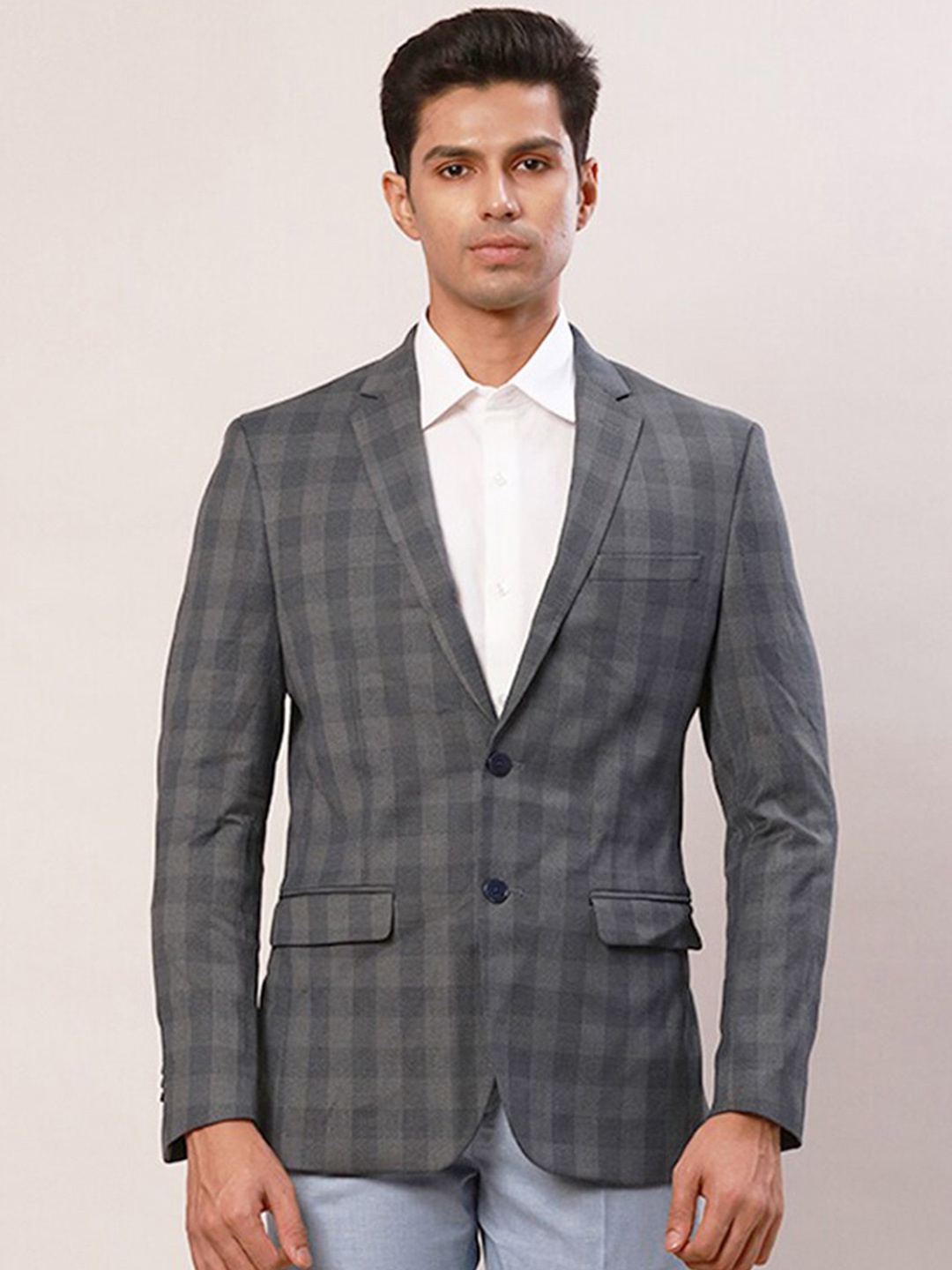 

Park Avenue Checked Slim-Fit Single Breasted Formal Blazer, Grey