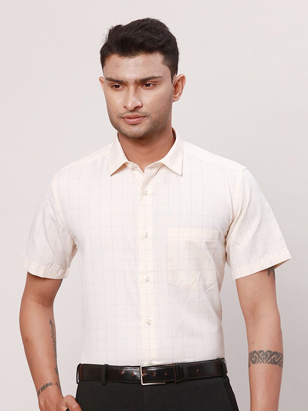 

Park Avenue Men Grid Tattersall Checks Opaque Checked Formal Shirt, Yellow
