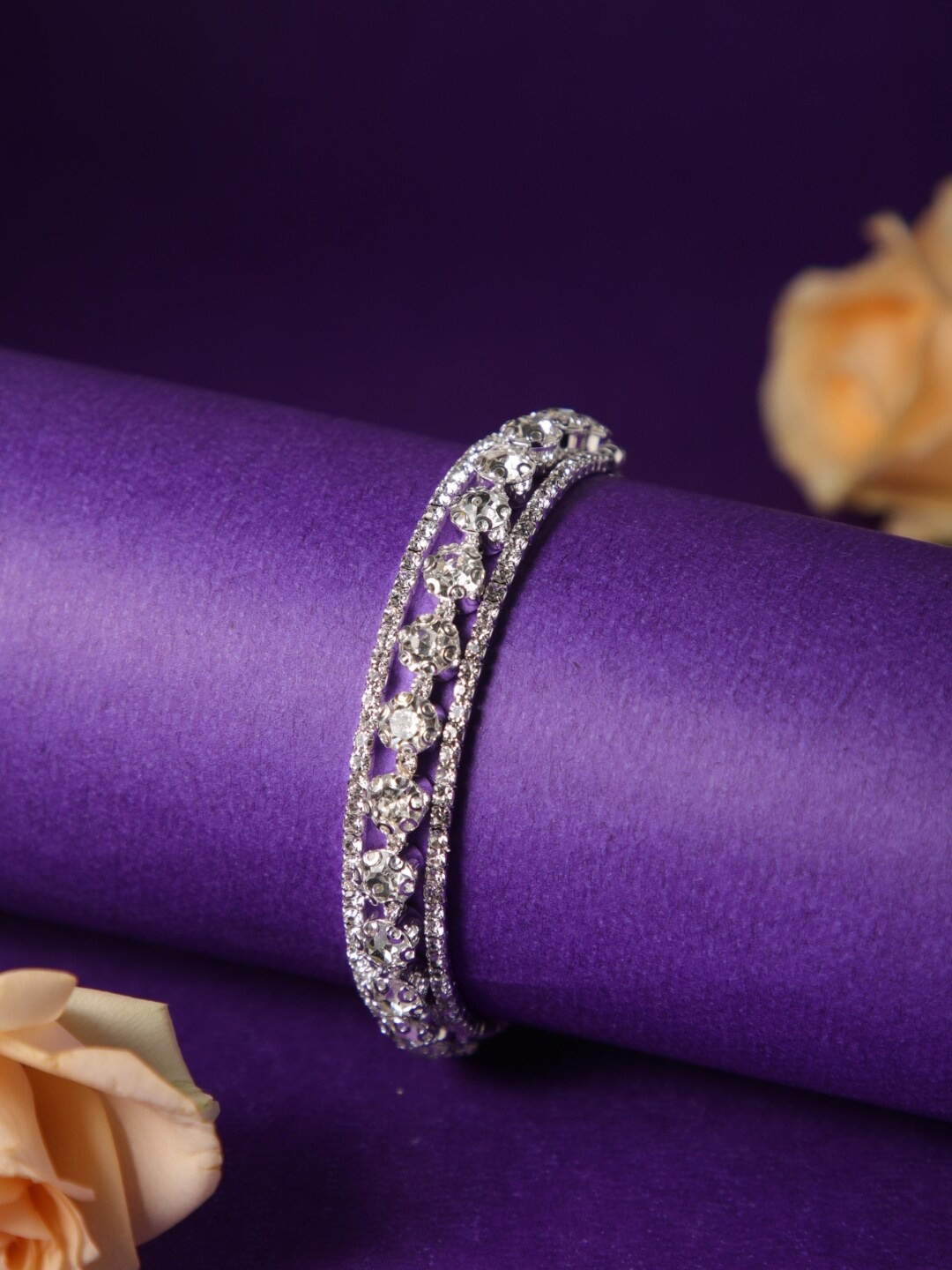 

Zeraki Jewels Stainless Steel Silver-Plated Stones Studded Bangle-Style Bracelet