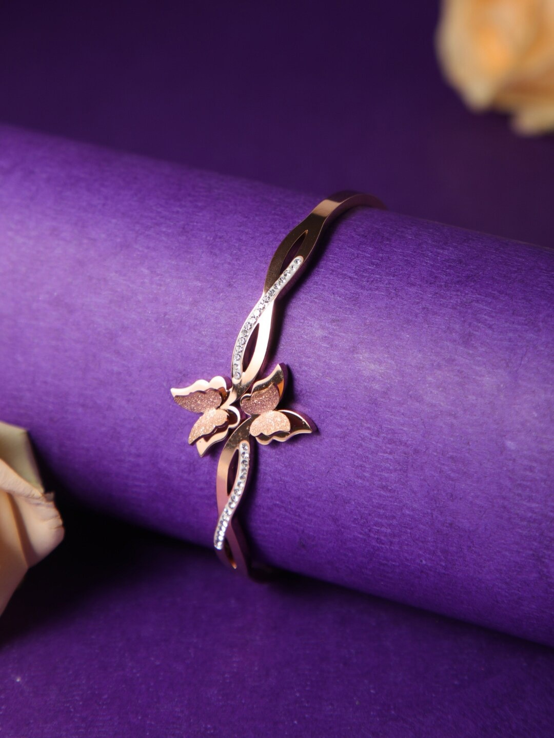 

Zeraki Jewels Stainless Steel Rose Gold-Plated Stones Studded Kada Bracelet