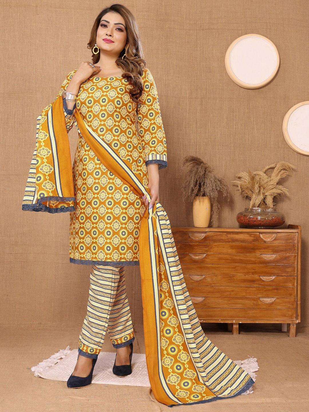 

Titanium Silk Industries Geometric Printed Regular Kurta With Trousers & Dupatta, Yellow