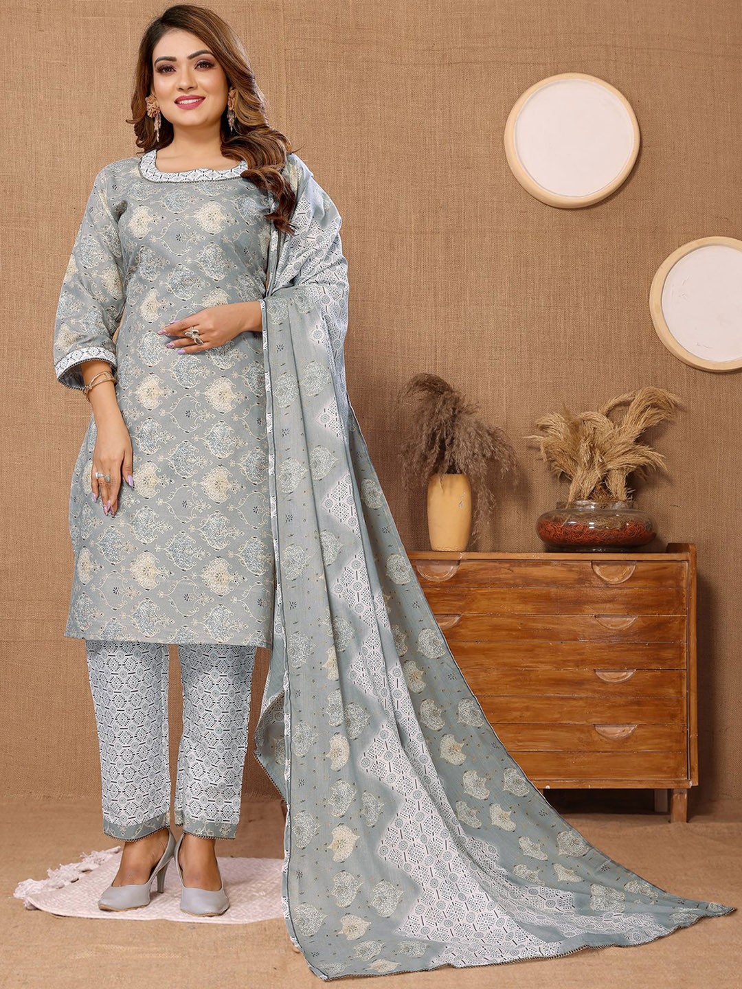 

Titanium Silk Industries Printed Round Neck Kurta With Trousers & Dupatta, Grey