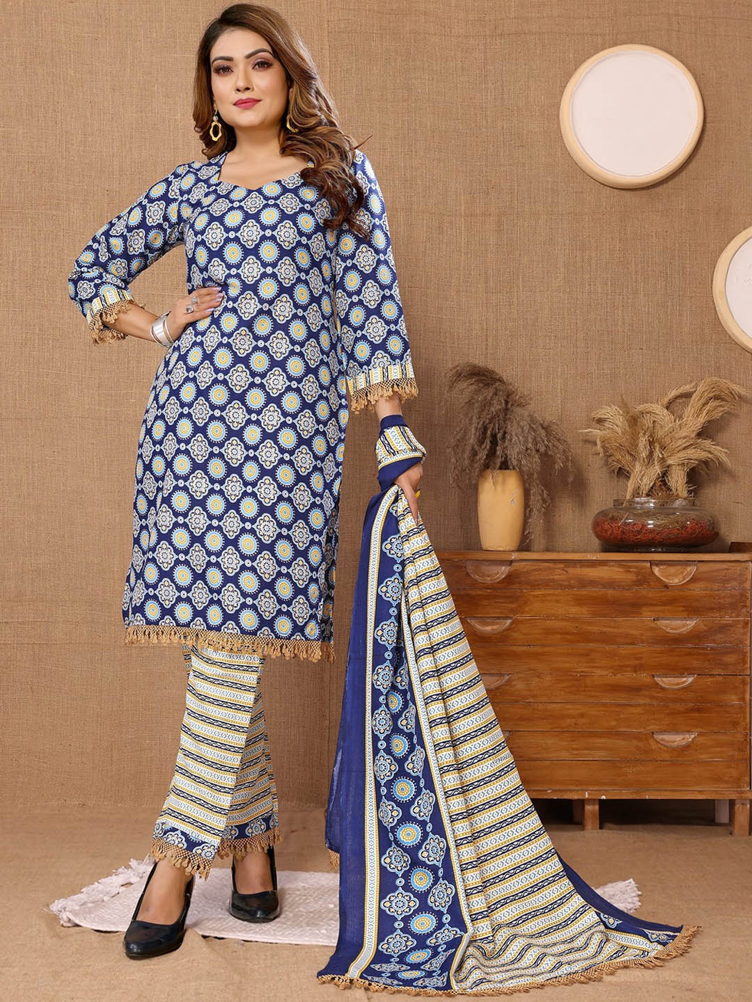 

Titanium Silk Industries Printed Regular Kurta With Trousers & Dupatta, Blue