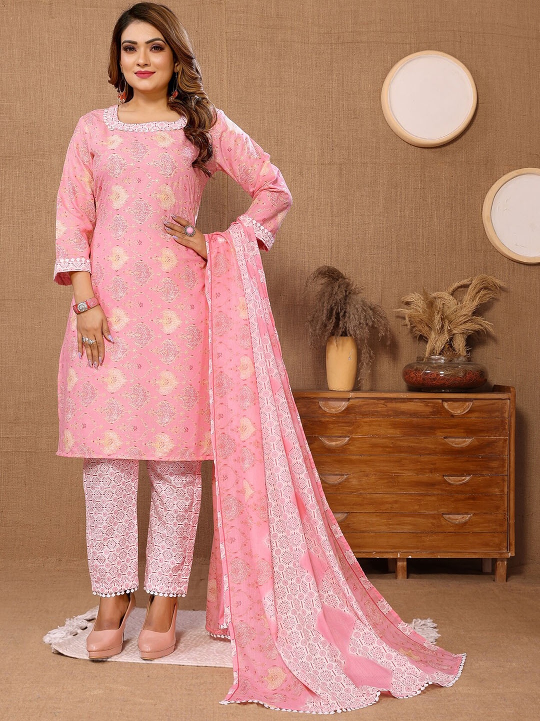 

Titanium Silk Industries Ethnic Motifs Printed Regular Kurta With Trousers & Dupatta, Pink