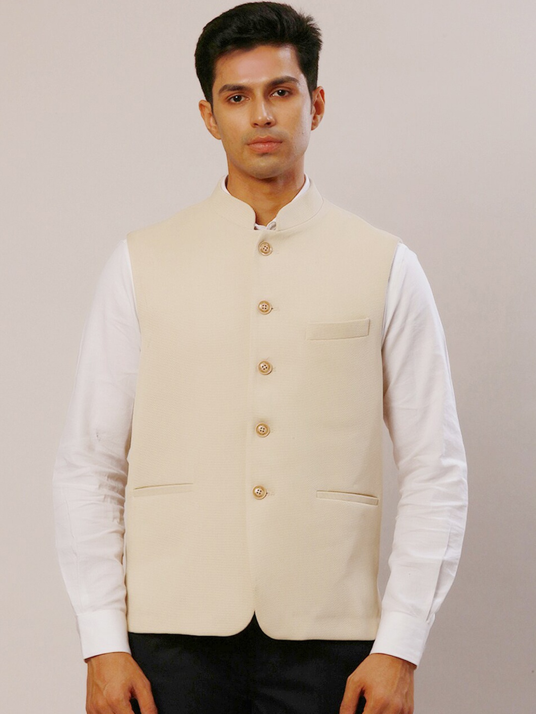 

Park Avenue Woven Slim-Fit Nehru Jacket, Beige