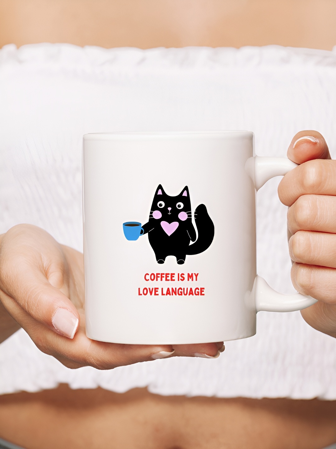 The Decor Lane White & Black Printed Ceramic Glossy Mug 325 ml