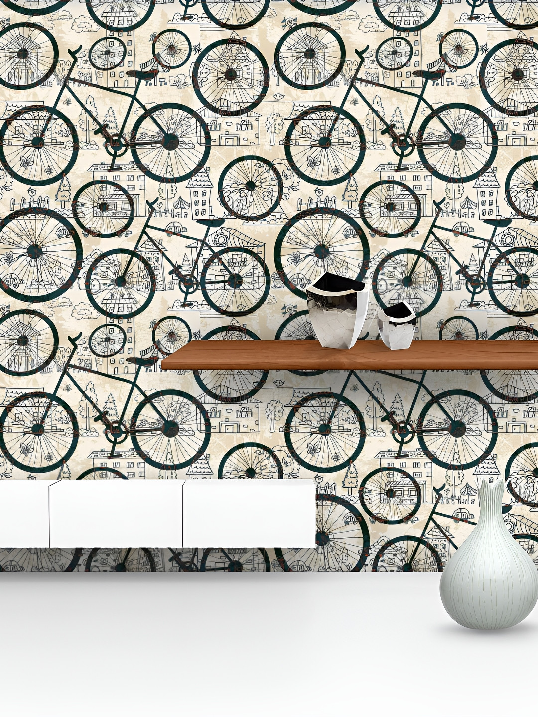 

ArtzFolio Beige & Black Cycle-Printed Self-Adhesive Peel & Stick Laminated Wallpaper
