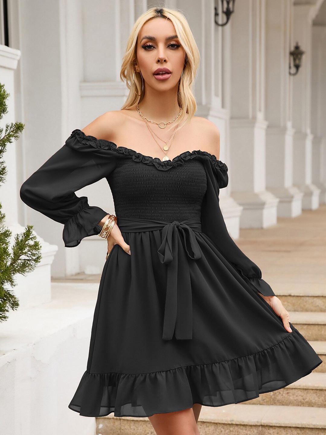 

StyleCast Women Chiffon Off-Shoulder Fit & Flare Puff Sleeves Dress, Black