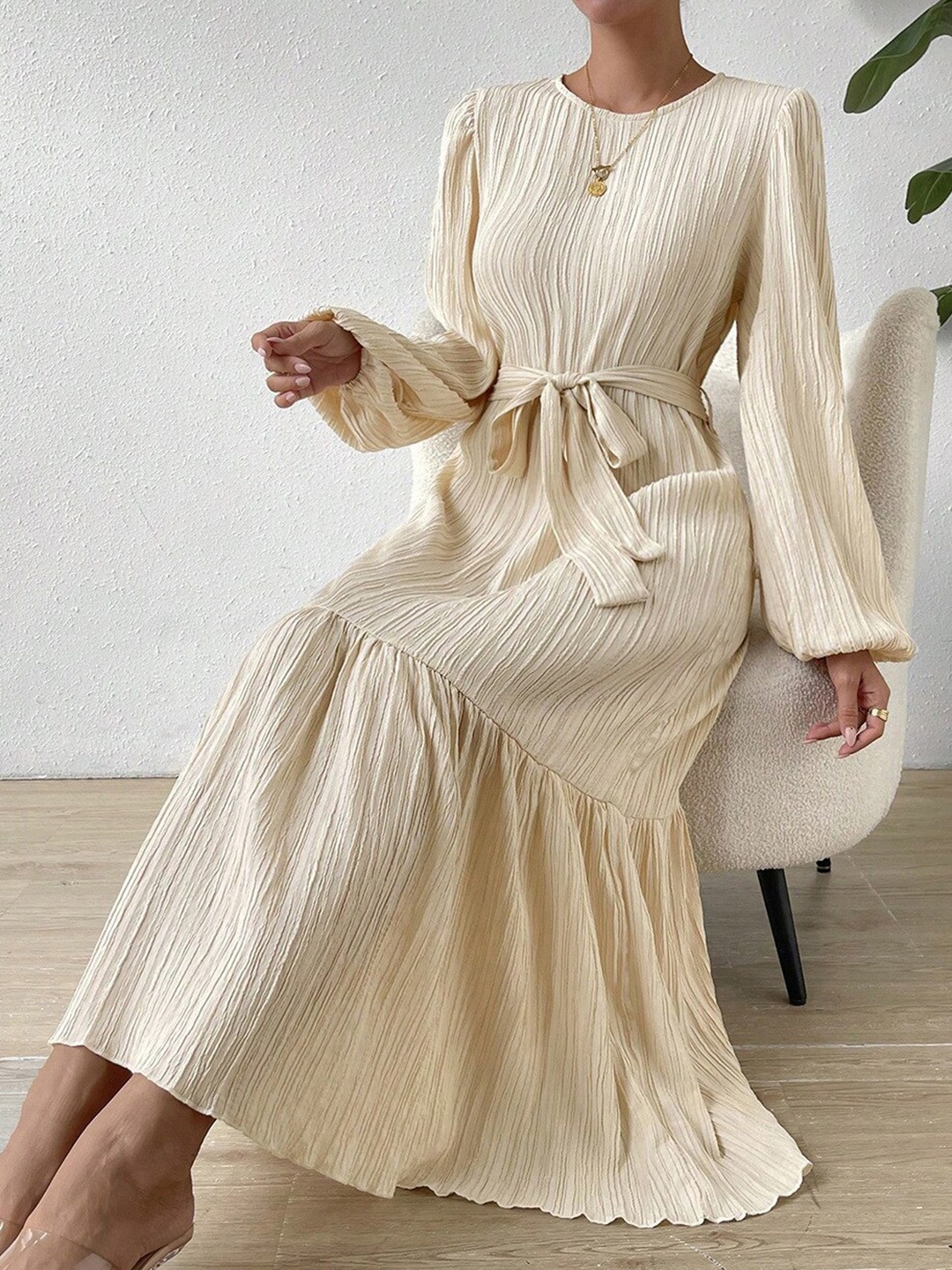 

StyleCast Women Round Neck Puff Sleeves Fit & Flare Dress, Cream