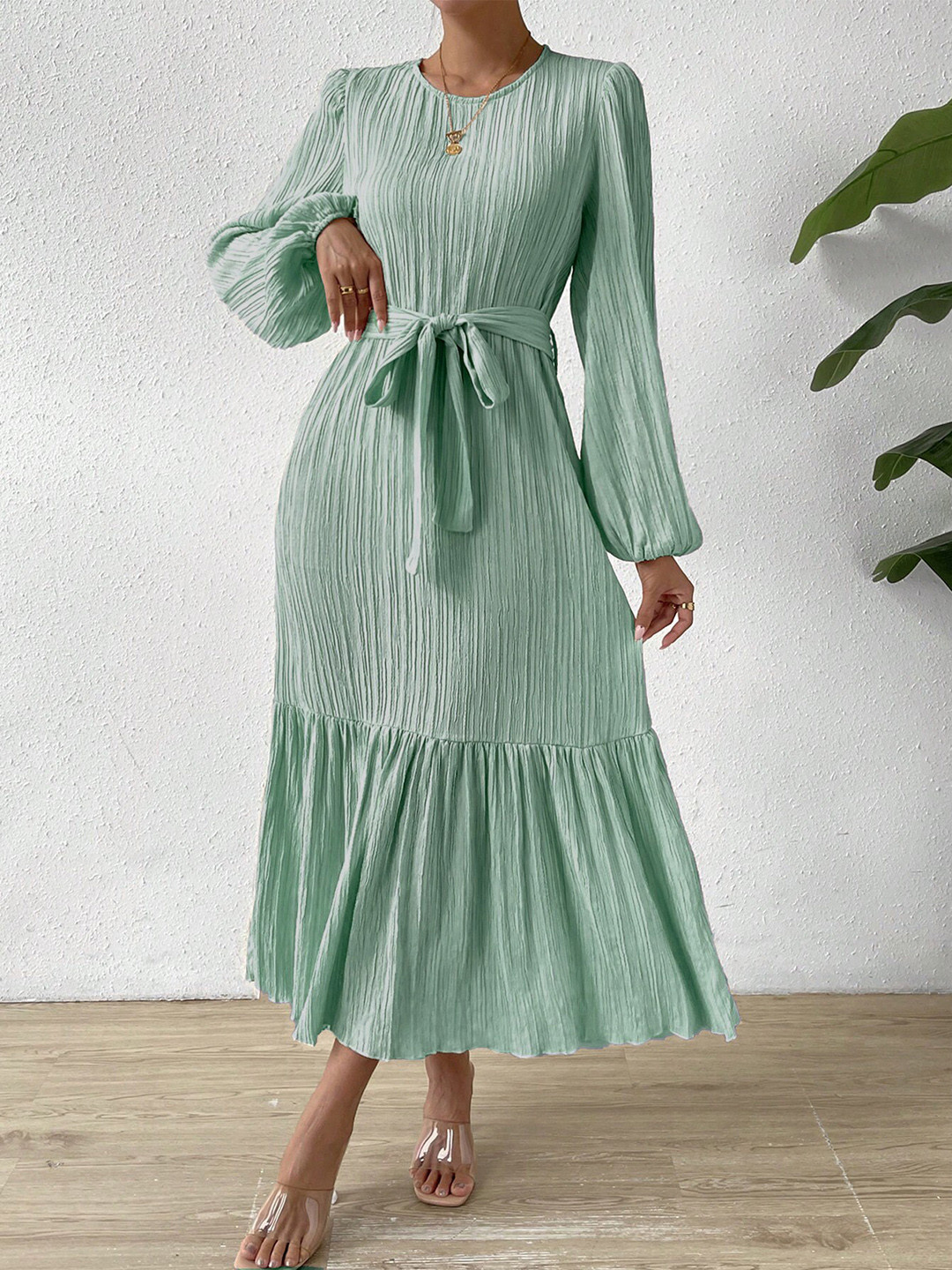 

StyleCast Women Solid Puff Sleeve Fit and Flare Dress, Sea green