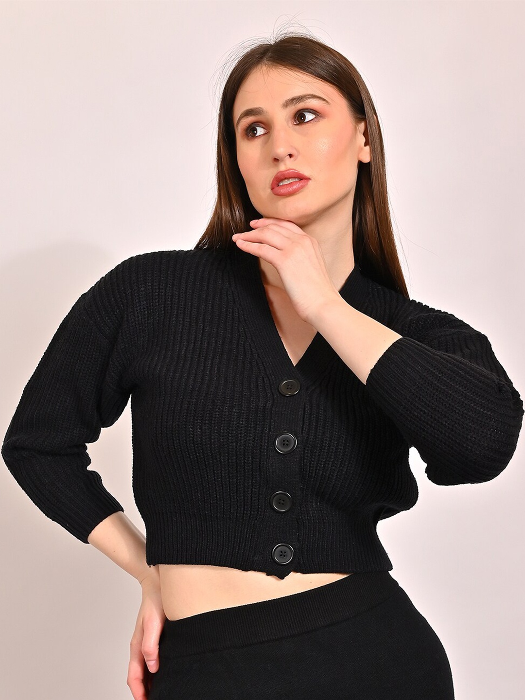 

NoBarr Ribbed V-Neck Acrylic Crop Cardigan Sweater, Black
